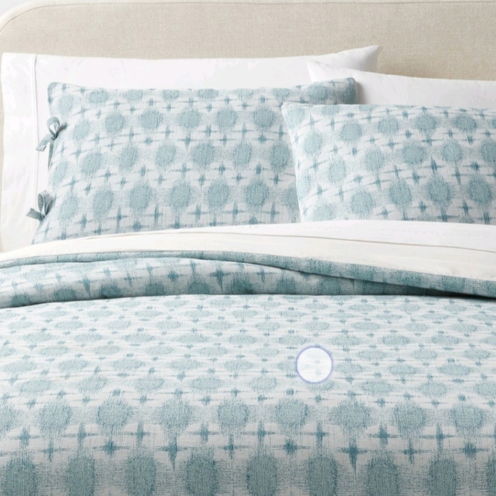 Threshold King yarn dyed ikat duvet cover & sham set ivory/teal blue 100% cotton